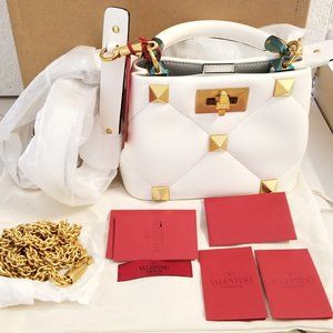 VALENTINO Ivory White Leather Roman Stud Handle Bag With Tags